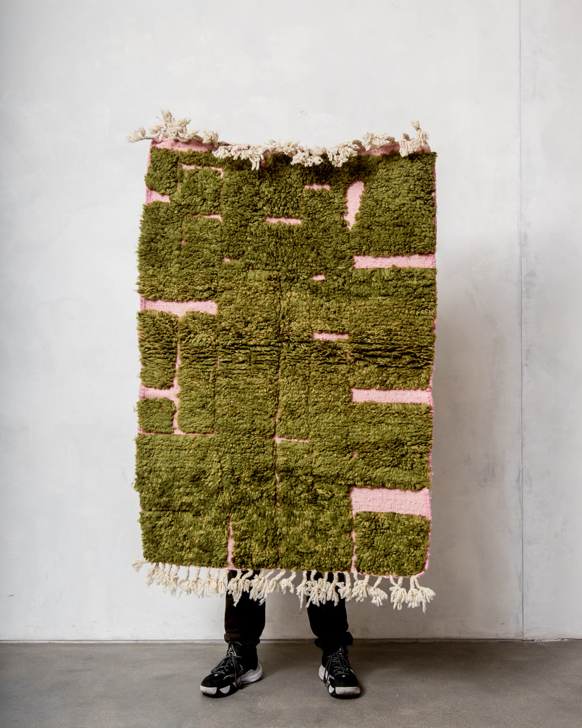 Modern, designer, handcrafted Berber rug from Morocco. Beniourain carpet with beautiful colours and patterns and fluffy wool texture.